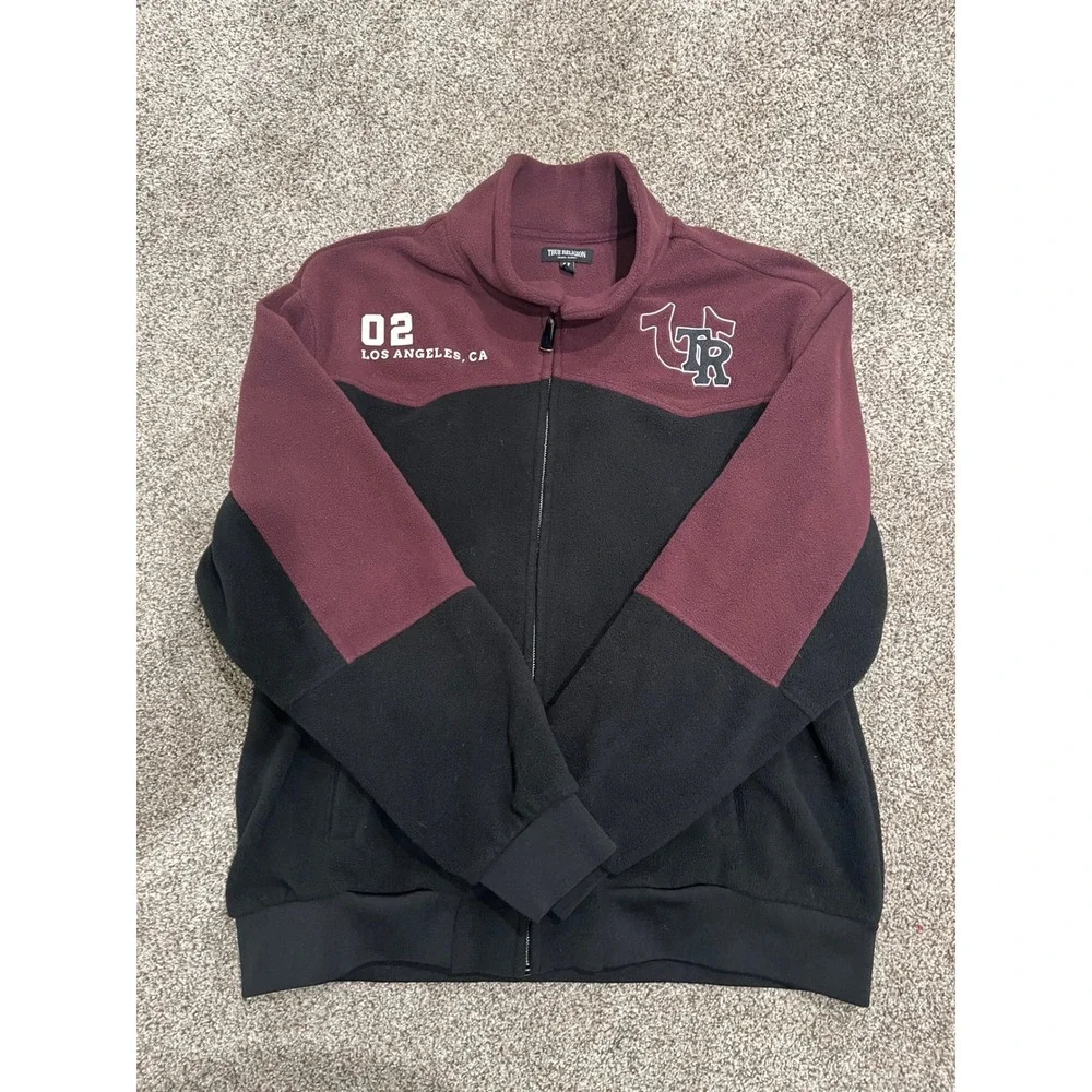 True Religion Mens Fleece Zip Up Jacket Colorblock Burgundy Black XL Los Angeles